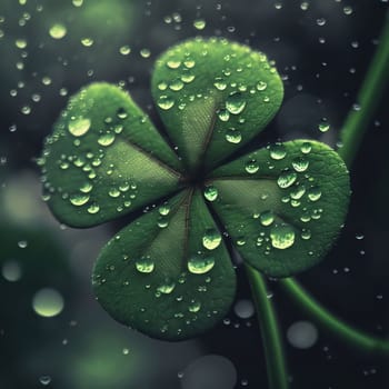 Four-leaf green clover with raindrops, dew on dark background. Green four-leaf clover symbol of St. Patrick's Day. A joyous time of celebration in the green color.
