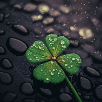 Four-leaf green clover with raindrops, dew on dark background with water drops. Green four-leaf clover symbol of St. Patrick's Day. A joyous time of celebration in the green color.