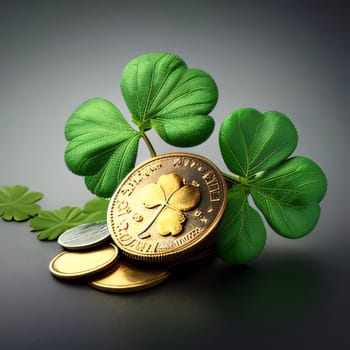 Green clovers and gold coins on a dark background. Green four-leaf clover symbol of St. Patrick's Day. A joyous time of celebration in the green color.