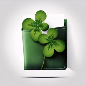 Green clovers pinned to a green wallet with a white card on a light background. Green four-leaf clover symbol of St. Patrick's Day. A joyous time of celebration in the green color.