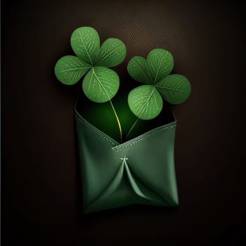 Green clovers pinned to wallet on dark background. Green four-leaf clover symbol of St. Patrick's Day. A joyous time of celebration in the green color.