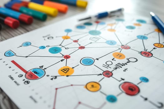 A paper displaying a detailed diagram, with colorful markers placed on it for labeling and enhancements.