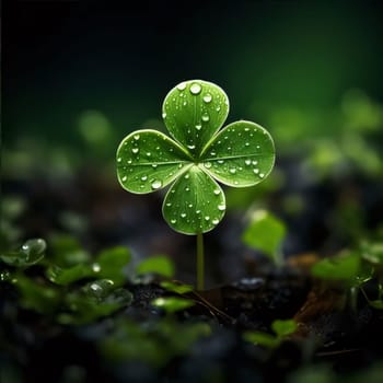 Green four-leaf clover in the ground with drops of water, dew on smudged forest background. Green four-leaf clover symbol of St. Patrick's Day. A joyous time of celebration in the green color.