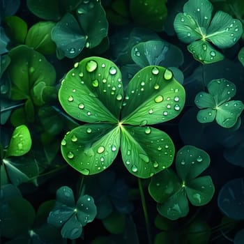 Green four-leaf clover with drops of water, dew on smudged forest background. Green four-leaf clover symbol of St. Patrick's Day. A joyous time of celebration in the green color.