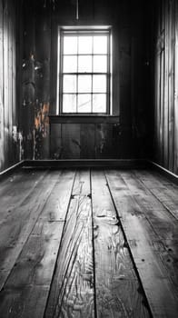 A black and white photo of a wooden floor with an open window