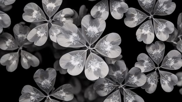 Black and white view of five-leaf clovers, from above. Green four-leaf clover symbol of St. Patrick's Day. A joyous time of celebration in the green color.