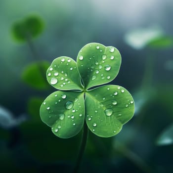Four-leaf clover with drops of water, dew on smudged green background. Green four-leaf clover symbol of St. Patrick's Day. A joyous time of celebration in the green color.
