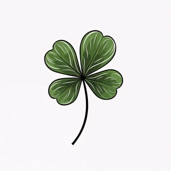 Drawn green four-leaf clover on white isolated background. Green four-leaf clover symbol of St. Patrick's Day. A joyous time of celebration in the green color.