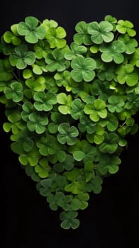 Heart of green four-leaf clovers on black background. Green four-leaf clover symbol of St. Patrick's Day. A joyous time of celebration in the green color.