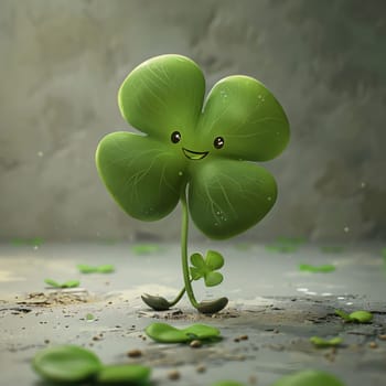Happy smiling green surrealist clover on marble background. Green four-leaf clover symbol of St. Patrick's Day. A joyous time of celebration in the green color.