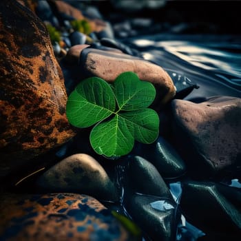 Green four-leaf clover around stones water. Green four-leaf clover symbol of St. Patrick's Day. A joyous time of celebration in the green color.