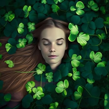 Long-haired girl lying in the middle of four-leaf green clovers. Green four-leaf clover symbol of St. Patrick's Day. A joyous time of celebration in the green color.