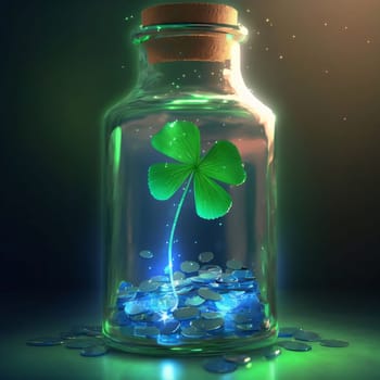 Glass bottle with cork in the middle gold coins, four-leaf green clover. Green four-leaf clover symbol of St. Patrick's Day. A joyous time of celebration in the green color.