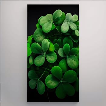 Wall painting, green four-leaf clover on a dark background. Green four-leaf clover symbol of St. Patrick's Day. A joyous time of celebration in the green color.
