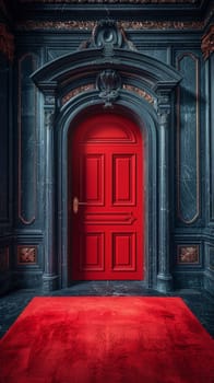 A red carpet in front of a large door with black walls