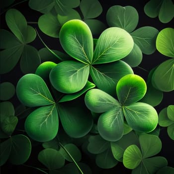 Green four-leaf clover on a dark background. Green four-leaf clover symbol of St. Patrick's Day. A joyous time of celebration in the green color.