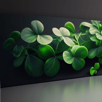 Wall painting, green four-leaf clover on a dark background. Green four-leaf clover symbol of St. Patrick's Day. A joyous time of celebration in the green color.