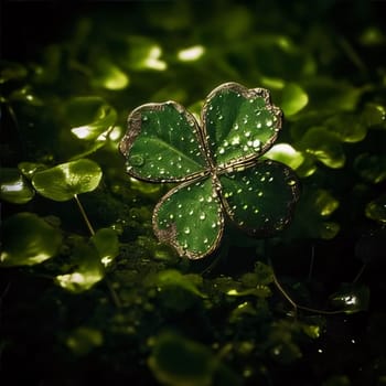 Illustration of a four-leaf green clover in the middle of a cluster of green clovers with dewdrops, water. Green four-leaf clover symbol of St. Patrick's Day. A joyous time of celebration in the green color.