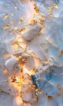 A macro photo of a marbled texture adorned with gold foil, resembling a natural landscape with liquid gold veins flowing like water on marble