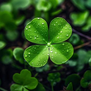 Four-leaf green clover, close-up view, small drops of dew, water. Green four-leaf clover symbol of St. Patrick's Day. A joyous time of celebration in the green color.