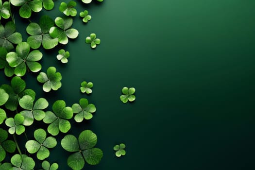 Banner, green background decorated on the left with green clovers. Space for your own content. Green four-leaf clover symbol of St. Patrick's Day. A joyous time of celebration in the green color.