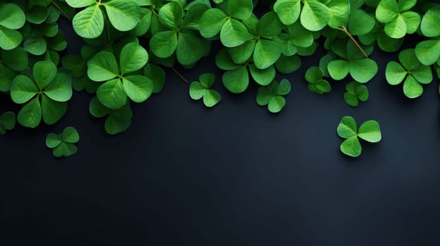 Banner, dark background decorated with green clovers at the top. Space for your own content. Green four-leaf clover symbol of St. Patrick's Day. A joyous time of celebration in the green color.