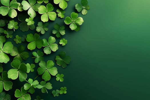 Banner, green background decorated on the left with green clovers. Space for your own content. Green four-leaf clover symbol of St. Patrick's Day. A joyous time of celebration in the green color.