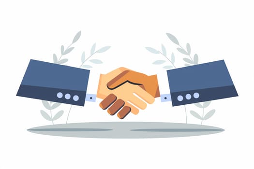 Two hands, belonging to different individuals, clasping together in a handshake gesture over a table in a business or negotiation setting.