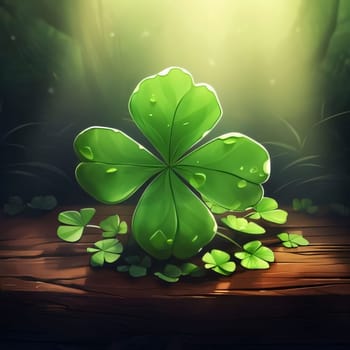 Illustration painted four-leaf on a large clover on a wooden board, in the forest sunshine. Green four-leaf clover symbol of St. Patrick's Day. A joyous time of celebration in the green color.