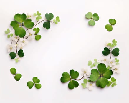 A white blank card with space for its own content depicted a clover on bright white green flowers. Green four-leaf clover symbol of St. Patrick's Day. Happy time of celebration in green color.