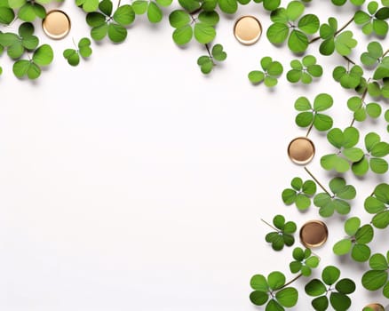 White blank card with space for your own content, green clover decorations all around. Green four-leaf clover symbol of St. Patrick's Day. Happy time of celebration in green color.