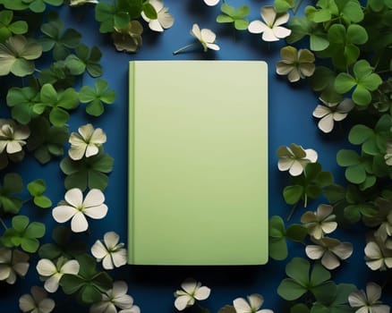 Bright blank card with space for your own content, green clover scattered around. Green four-leaf clover symbol of St. Patrick's Day. Happy time of celebration in green color.