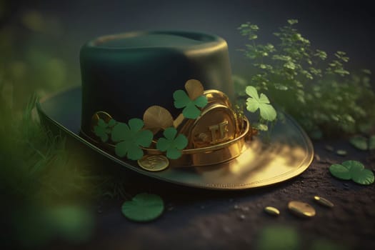 Gold hat decorated with green limbs around gold coins. Green four-leaf clover symbol of St. Patrick's Day. Happy time of celebration in green color.