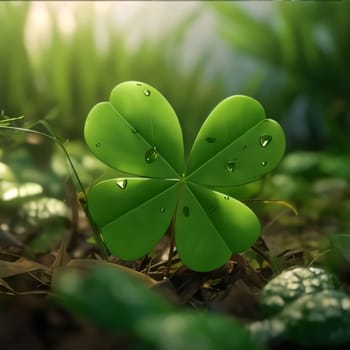 Illustration Green four-leaf clover growing out of grass. Green four-leaf clover symbol of St. Patrick's Day. Happy time of celebration in green color.