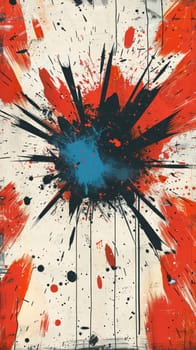 A painting of a red, blue and orange splatter on white