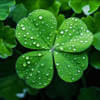 Green four-leaf clover, top view; small raindrops, dew. Green four-leaf clover symbol of St. Patrick's Day. Happy time of celebration in green color.
