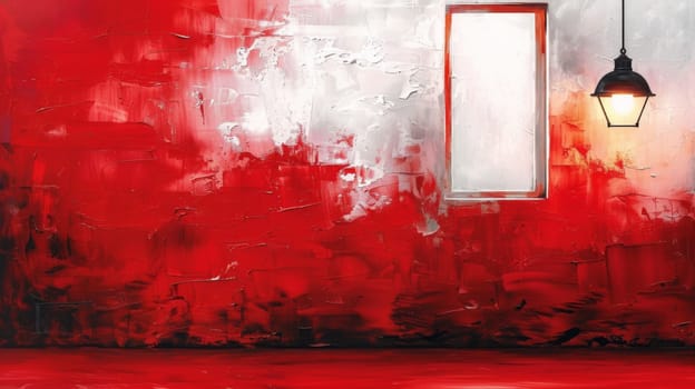 A red and white painted wall with a light hanging from it
