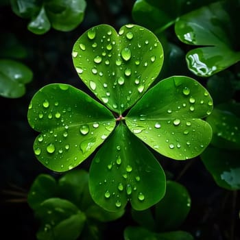Green four-leaf clover, top view; small raindrops, dew. Green four-leaf clover symbol of St. Patrick's Day. Happy time of celebration in green color.