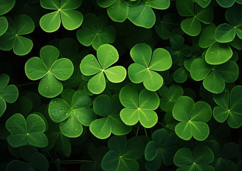 An aerial view of a green four-leaf clover. Green four-leaf clover symbol of St. Patrick's Day. Happy time of celebration in green color.