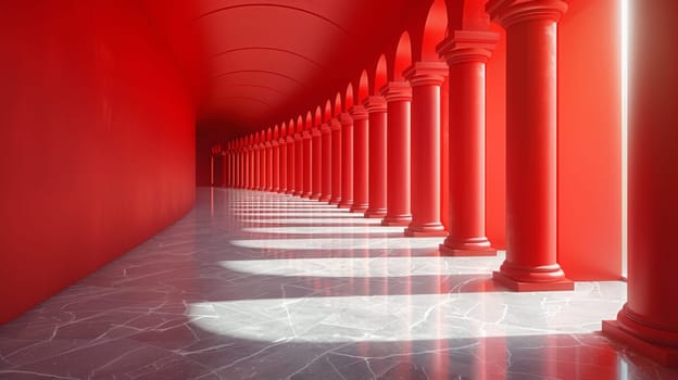 A long hallway with many pillars and a white floor