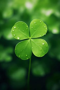 Single four-leaf clover with tiny dewdrops, water on smudged background. Green four-leaf clover symbol of St. Patrick's Day. Happy time of celebration in green color.