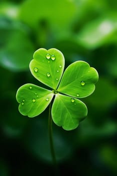 Single four-leaf clover with tiny dewdrops, water on smudged background. Green four-leaf clover symbol of St. Patrick's Day. Happy time of celebration in green color.