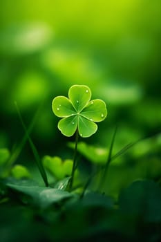 Small green stave on clover growing out of grass all around smudged green background. Green four-leaf clover symbol of St. Patrick's Day. Happy time of celebration in green color.