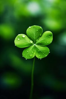 Small green stave on clover growing out of grass all around smudged green background. Green four-leaf clover symbol of St. Patrick's Day. Happy time of celebration in green color.