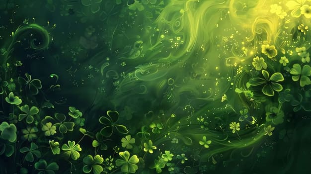 Green background clover banner, leaves, smudged watercolor, light play. Space for your own content. Green four-leaf clover symbol of St. Patrick's Day. Happy time of celebration in green color.