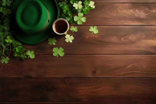 Aerial view of green hat, scattered green clovers on wooden boards, banner space for your own content. Green four-leaf clover symbol of St. Patrick's Day. Happy time of celebration in green color.
