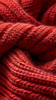 A close up of a red knitted fabric with some yarn