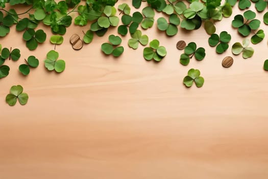 Top view of scattered green clovers on a light background, banner with space for your own content. Green four-leaf clover symbol of St. Patrick's Day. Happy time of celebration in green color.