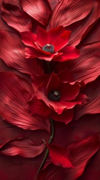 A close up of a red flower with leaves on it