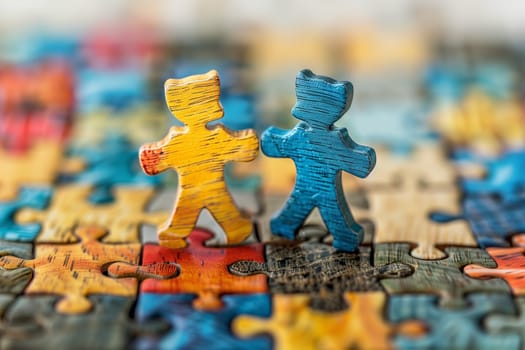 A close-up shot of two individuals focused on solving a jigsaw puzzle together, teamwork and concentration evident.